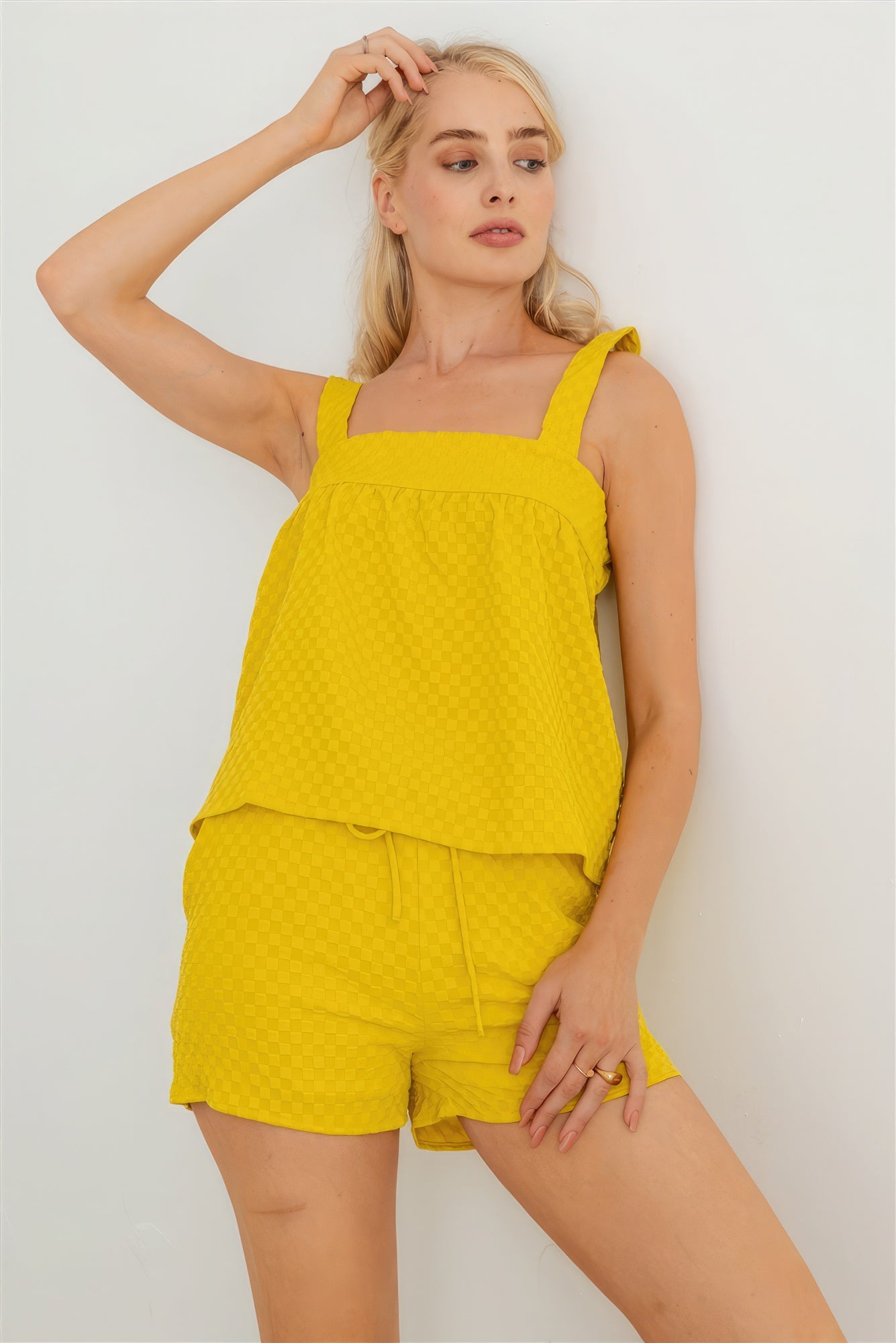 Dijon Textured Sleeveless Flare Top & High Waist Two Pocket Shorts Set